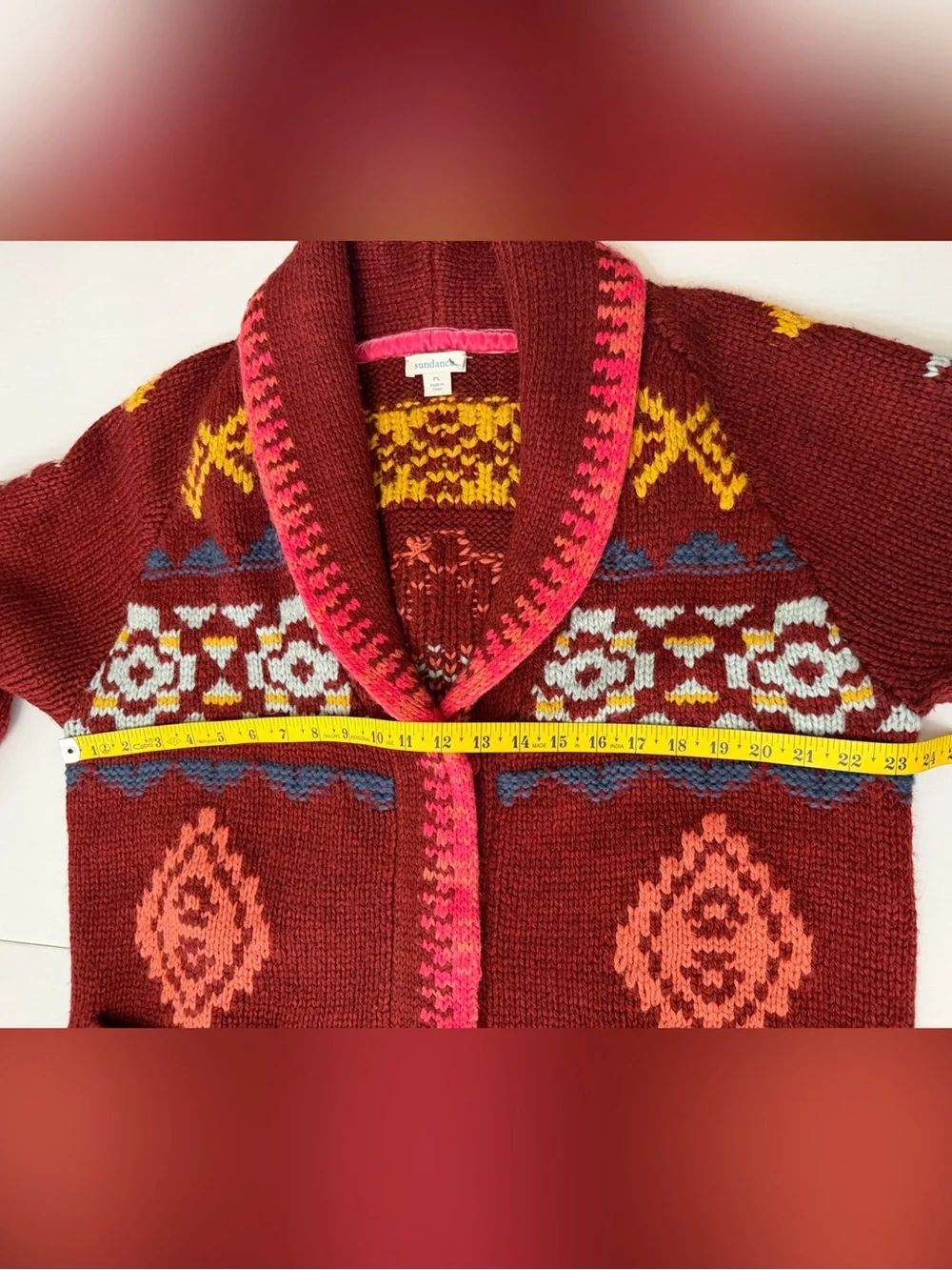 Rare Sundance Tayen Sweater Coat Cozy Burgundy Boho Patterned Size LP